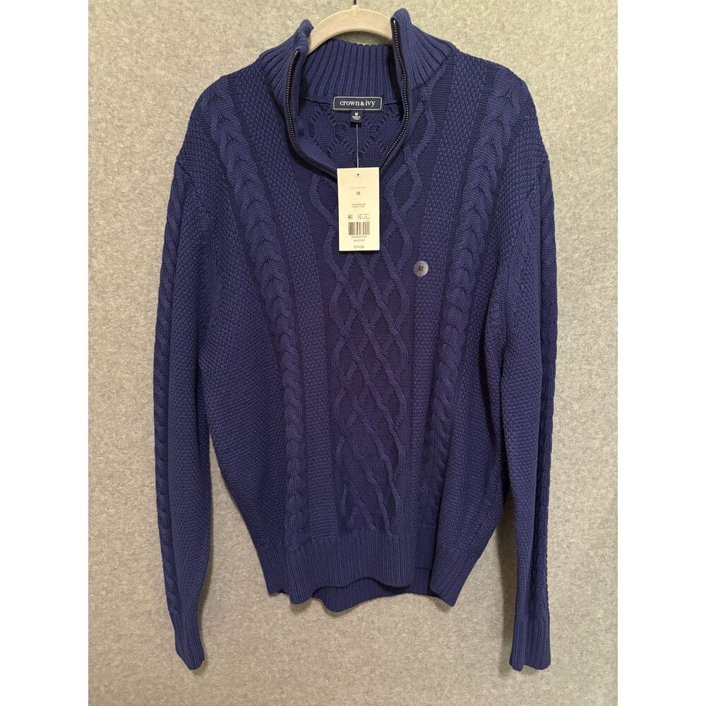 Crown & Ivy Womens Medium Cable Knit Quarter Zip Sweater Blue Preppy NWT Coastal